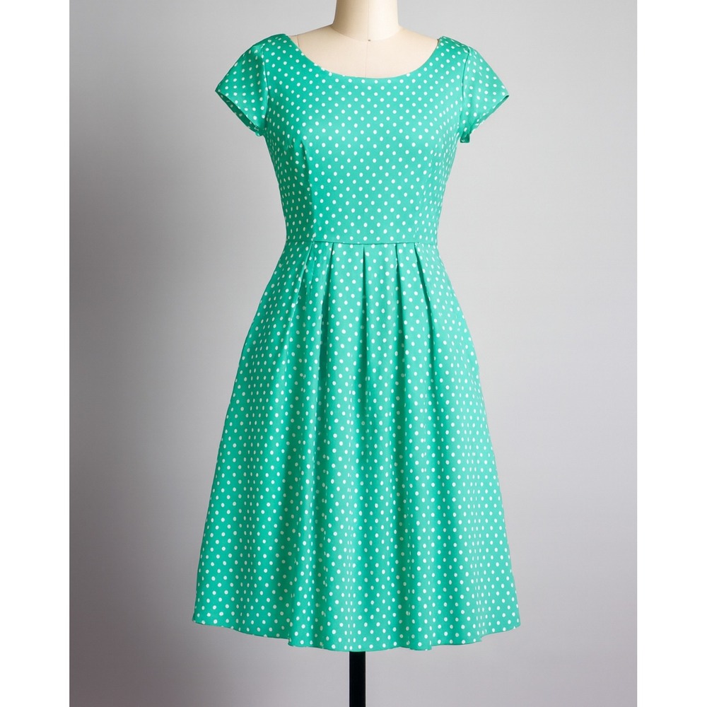 Vintage Jody California Green Polkadot Pleated Fit Flare Scoop Neck sz XS Dress
